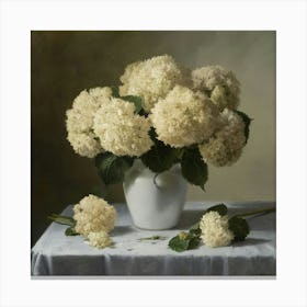 White Hydrangeas In A White Vas On A Table Canvas Print