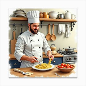 Watercolor Scene Of An Italian Chef Preparing Traditional Pasta In A Rustic Kitchen Canvas Print