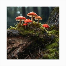 Mushrooms Growing On A Fallen Tree Canvas Print