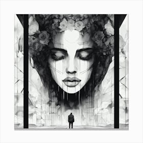 Woman With Flowers On Her Head Black And White Abstract Art Canvas Print
