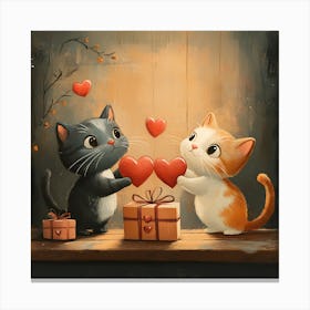 Charming Cartoon Cats Exchange Heart 1 Canvas Print