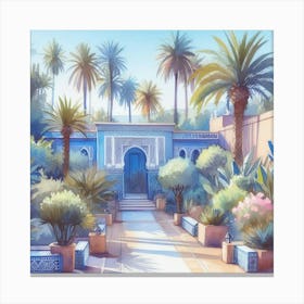 Moroccan Garden watercolor pastell Jardin Majorelle Morocco Modern Blue Illustration 5 Art Print Canvas Print