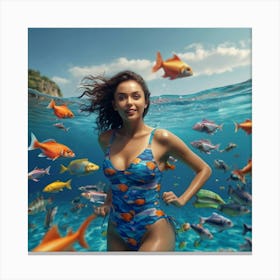 Beautiful Woman Swimming In The Sea Canvas Print