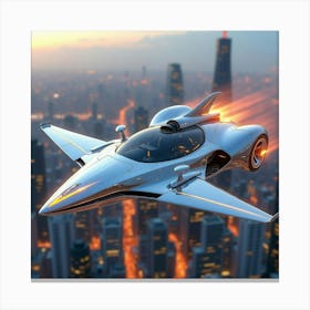 Chrome Futuristic Car With Aerodynamic Wings, Gliding Above A Vibrant City Skyline 1 Canvas Print