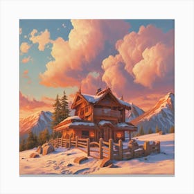 Mountain village snow wooden huts 12 Canvas Print