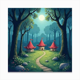 Fairy Village Hidden In A Glowing Forest, Watercolor 1 Canvas Print