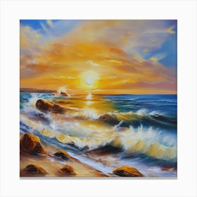 The sea. Beach waves. Beach sand and rocks. Sunset over the sea. Oil on canvas artwork.16 Canvas Print