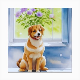 Dog With Flowers Canvas Print