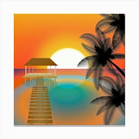 Sunset At The Beach Palm Ocean Canvas Print