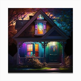 House With Rainbow Light Front, House At Night Canvas Print