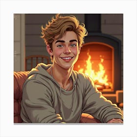 Justin Bieber, Relaxed And Smiling, Watercolor At A Cozy Fireside Canvas Print