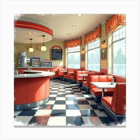 Retro Diner In Watercolor, With Checkered Floors And Classic Decor Canvas Print