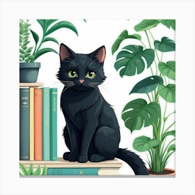 Black Cat On Bookshelf Canvas Print