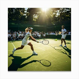 Tennis Match Underway Sunlight Casting Dynamic Shadows On The Green Court Players Poised Mid Swing (3) Canvas Print