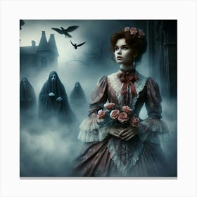 The Watchers 2/4 (Beautiful woman  female classic ghosts scenic temple spectres memories dreams art AI Victorian mist fog)  Canvas Print