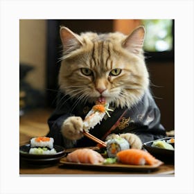 Cat Eating Sushi Canvas Print