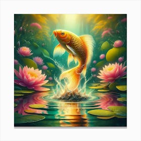 Golden Koi Fish Jumping out In The Pond Canvas Print