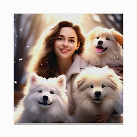 Three Dogs With A Girl Canvas Print