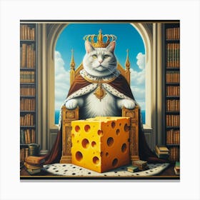 A Surreal and Realistic Portrait of a Cat in a Crown and a Cape, Sitting on a Cheese Throne in a Book Castle Canvas Print