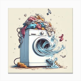 Washing Machine In The Ocean - A pile of laundry on a washing machine, but the clothes are not just floating in mid-air, they are dancing and swirling. The washing machine itself is also spinning upside down, and the water is flowing in all directions. The scene is rendered in a whimsical, cartoonish style. Canvas Print