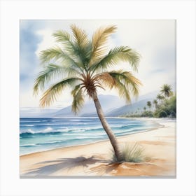 Palm Tree In Beach Watercolor Canvas Print