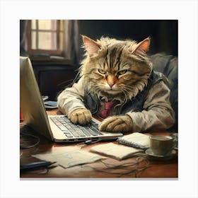 Cat Working On A Laptop Canvas Print