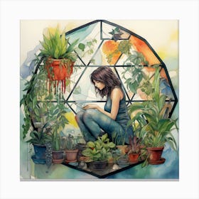 Girl In A Geometric Terrarium With Plants Watercolour and Ink Canvas Print