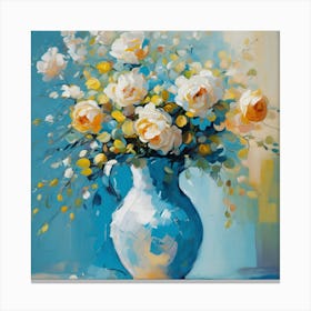 Abstract Impressionistic Oil Painting Of Beautiful Still Life, Pastel Background, Blue, White Canvas Print