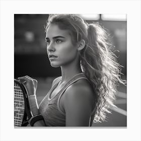 Black And White Portrait Of A Young Woman Holding Tennis Racket Canvas Print