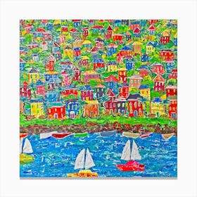 Tropical Village with Sailboats on Bay Canvas Print