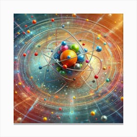 A 3D illustration of a colorful atom, with electrons orbiting a central nucleus. Canvas Print