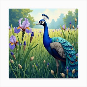 Peacock By Field Of Irises 1 Canvas Print