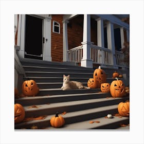 Halloween Cat On Steps 3 Canvas Print