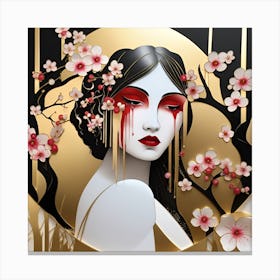 Asian Woman With Cherry Blossoms Gothic Japanese textured Monohromatic Canvas Print