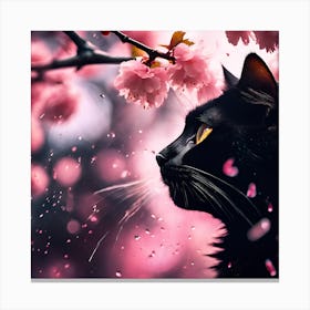 Black Cat amongst the Cherry Blossom Trees on a Rainy Day Canvas Print