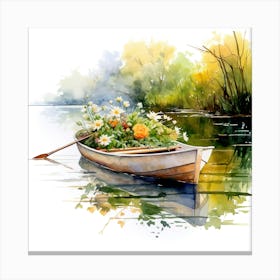 Watercolor Boat With Flowers Canvas Print