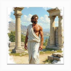 A Graceful Greek Man In Watercolor, Framed By The Classic Beauty Of Ancient Ruins 1 Canvas Print