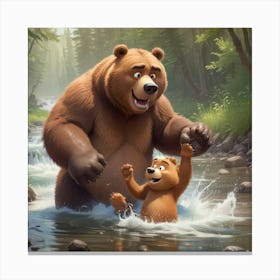 Cartoon Papa And Baby Bear Splashing Canvas Print