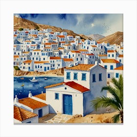 Aegean Village.Summer on a Greek island. Sea. Sand beach. White houses. Blue roofs. The beauty of the place. Watercolor. 5 Canvas Print