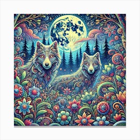 Psychedelic Painting Art Of Wolf In The Forest With Wild Plants And Flowers Canvas Print