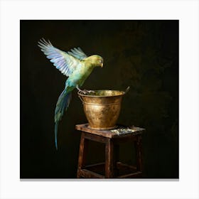 Iridescent Bird Wings Unfurling Emerging From A Gold Leafed Baroque Paint Pot Positioned On An An Canvas Print