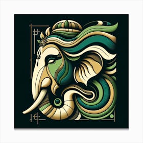 "Verdant Vision: Ganesha's Tranquil Gaze" - This art piece presents Lord Ganesha in a palette of lush greens and rich golds, symbolizing prosperity, nature, and well-being. The elegant curves and flowing lines lend a contemporary look to the traditional figure, while the deep black background accentuates the artwork's modern aesthetic. Ganesha's peaceful expression, detailed with artistic flourishes and sacred motifs, invites a sense of calm and introspection. Ideal for both spiritual devotees and art lovers, this piece merges divine inspiration with design sophistication, making it a sublime addition to any space that values serenity and style. Canvas Print