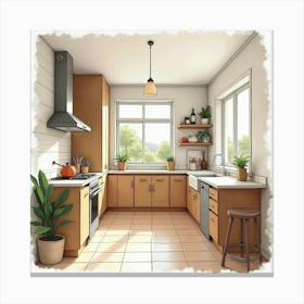 Stylish And Cozy Watercolor Kitchen, Warm And Elegant 1 Canvas Print