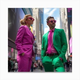 Man And Woman In New York Background. Magenta Moments, Green Glimpses: Love in the City. Canvas Print