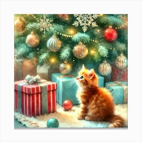 Festive Kitten by the Christmas Tree Canvas Print