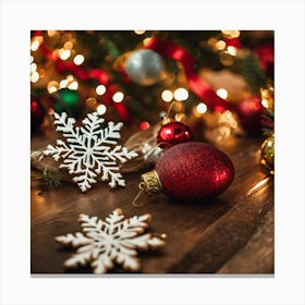 Christmas Ornaments On A Wooden Table Canvas Print