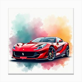 Ferrari 812 Superfast Against A Colorful Watercolor Backdrop, No Signature Or Logo 1 Canvas Print