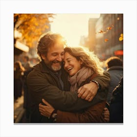 Happy Couple Hugging In Autumn Canvas Print