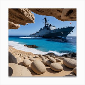 Military Ship In A Rocky Beach Canvas Print