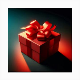 A beautiful red gift box with a shiny red ribbon wrapped around a separate lid with a bow on top, sitting in front of a dark blue background with a spotlight shining on it from the top right corner Canvas Print